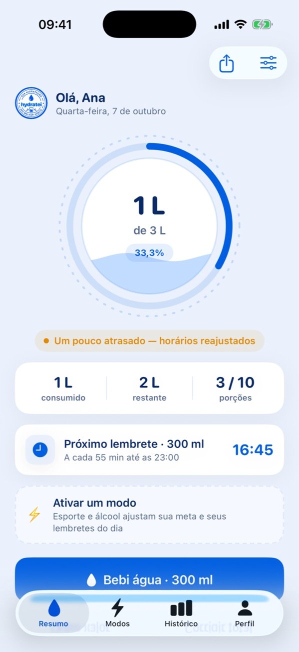 Tela inicial do Hydratei mostrando o selo de progresso com 1 litro de uma meta de 3 litros e o próximo lembrete.