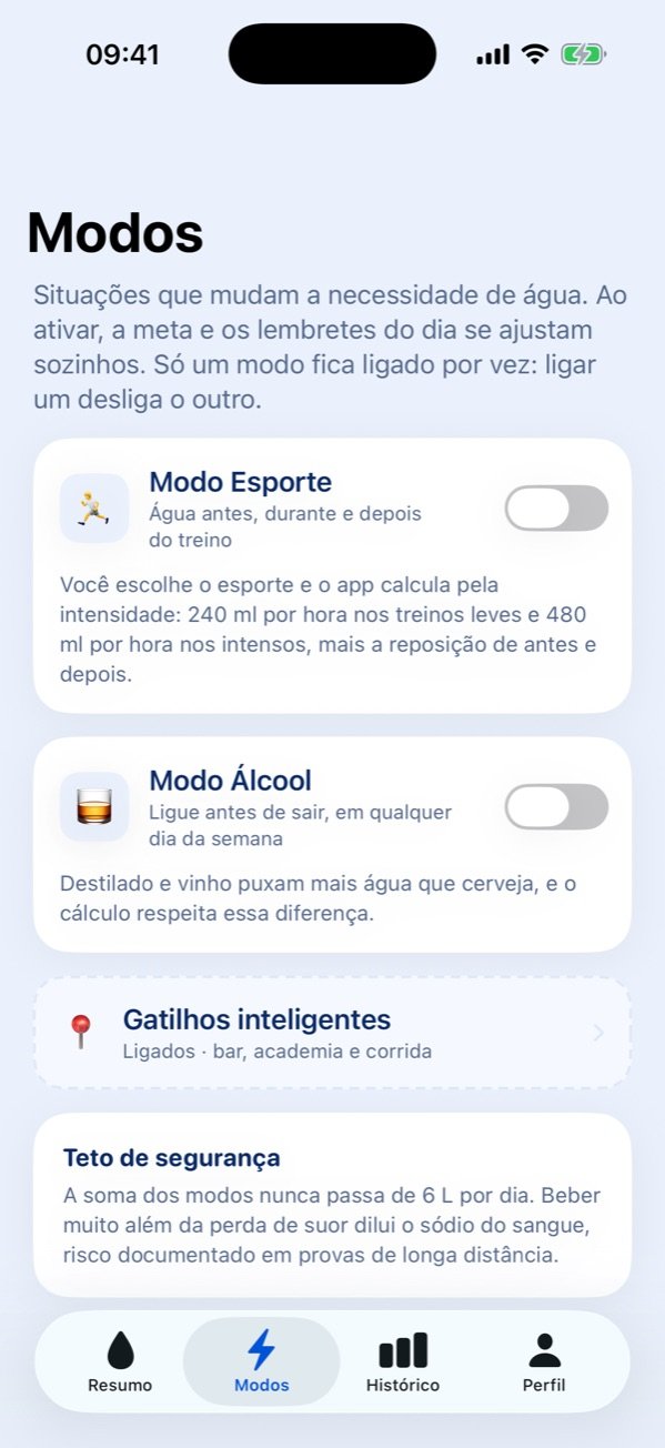 Tela de modos com o modo esporte, o modo álcool, os gatilhos inteligentes e o aviso do teto de segurança.