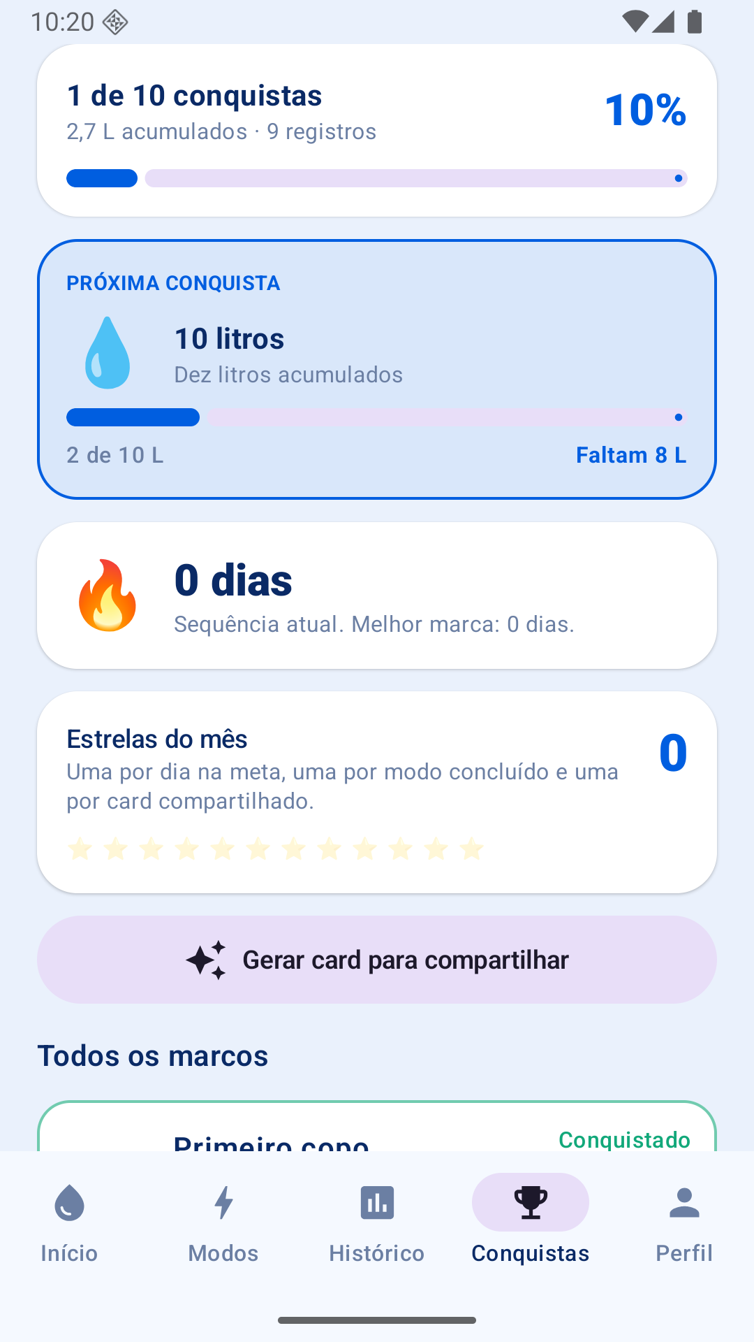 Tela de conquistas com os marcos e suas barras de progresso.