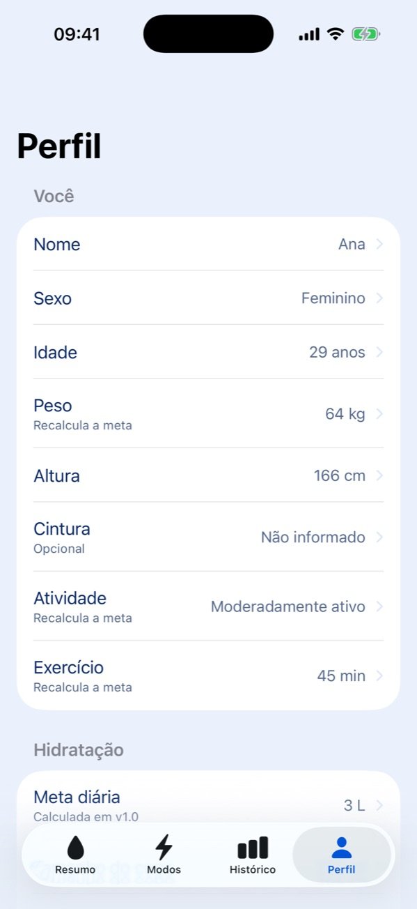Tela de perfil com os dados usados no cálculo da meta e as preferências de lembrete.